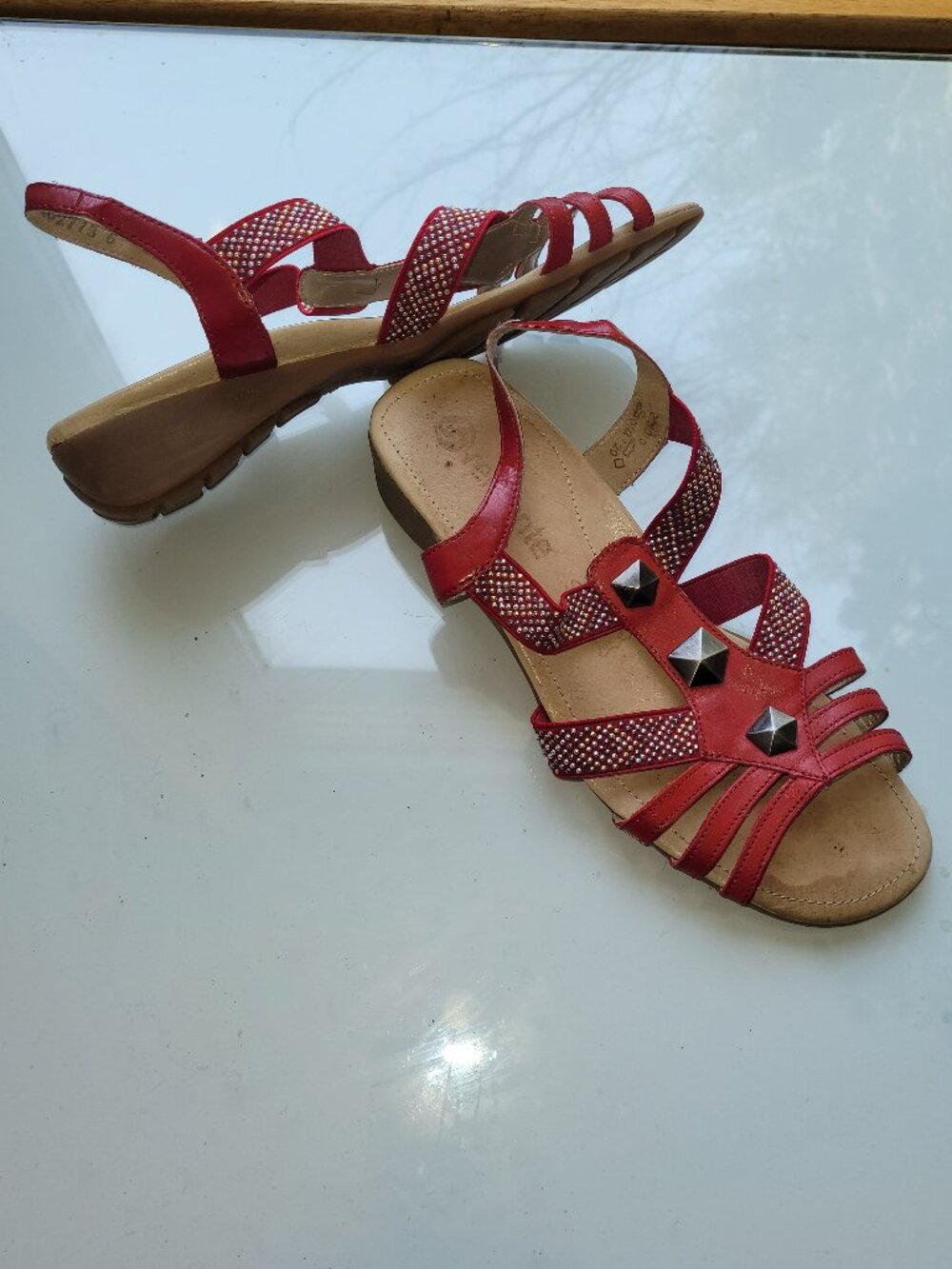 Remonte Red Leather Studded Sandals Size EU 40